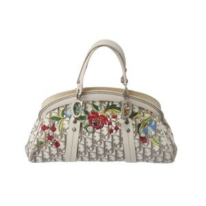 Christian Dior Trotter Handbag Floral Flower Embroidery Beige Tan Canvas